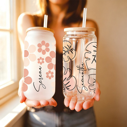 Personalized Floral Glass Cup with Lid and Straw, Custom Name Iced Coffee Cup, Bridesmaid Gift, Bachelorette Party Gift for Her