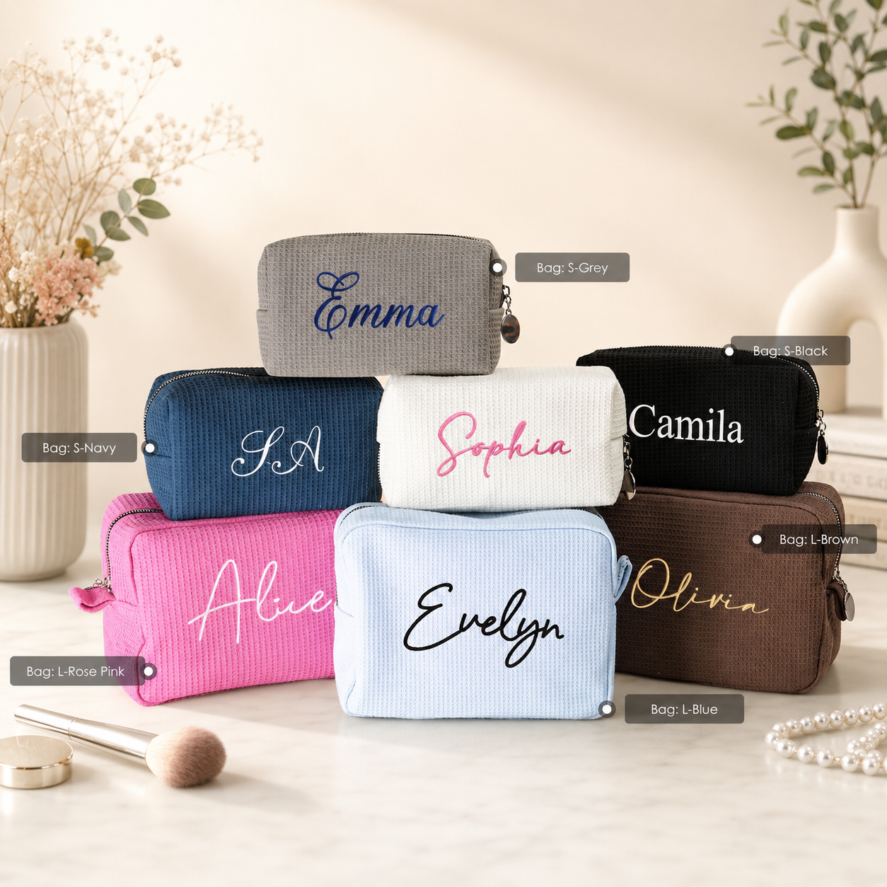Personalized Waffle Cosmetic Bag, Custom Embroidered Makeup Bag, Monogram Toiletry Pouch, Bridesmaid Gift, Bridal Shower Gift, Gift for Her