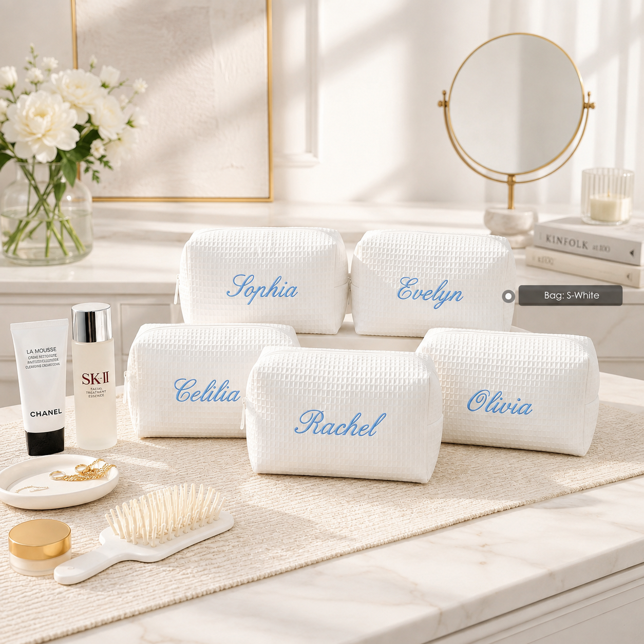 Personalized Waffle Cosmetic Bag, Custom Embroidered Makeup Bag, Monogram Toiletry Pouch, Bridesmaid Gift, Bridal Shower Gift, Gift for Her
