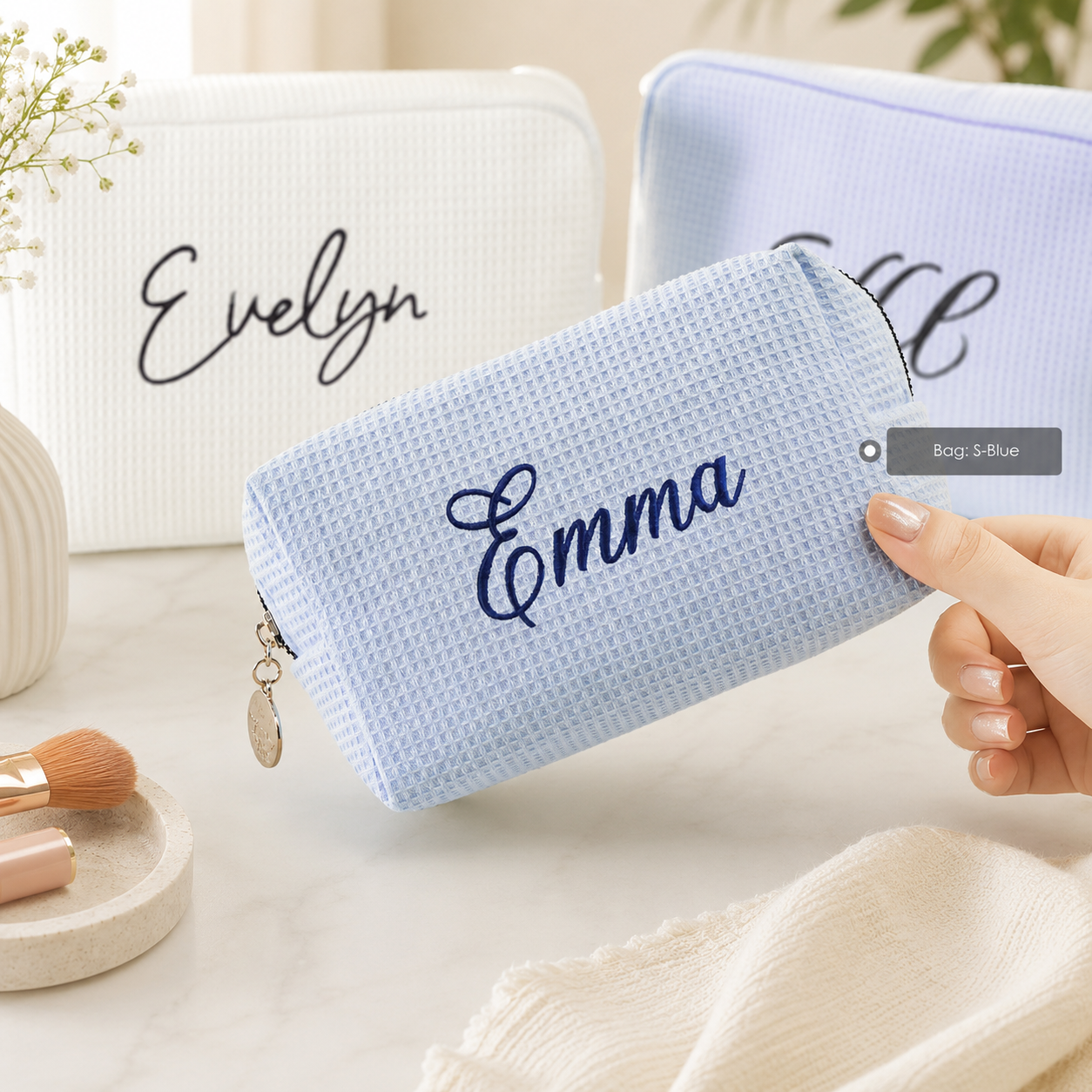 Personalized Waffle Cosmetic Bag, Custom Embroidered Makeup Bag, Monogram Toiletry Pouch, Bridesmaid Gift, Bridal Shower Gift, Gift for Her