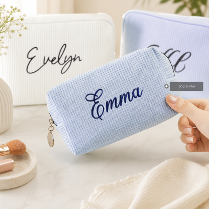 Personalized Waffle Cosmetic Bag, Custom Embroidered Makeup Bag, Monogram Toiletry Pouch, Bridesmaid Gift, Bridal Shower Gift, Gift for Her