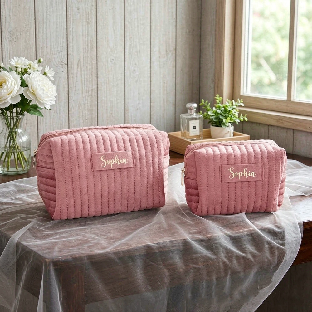Personalized Corduroy Makeup Bag with Name, Quilted Cosmetic Pouch, Travel Toiletry Bag, Bridesmaid Gift for Her