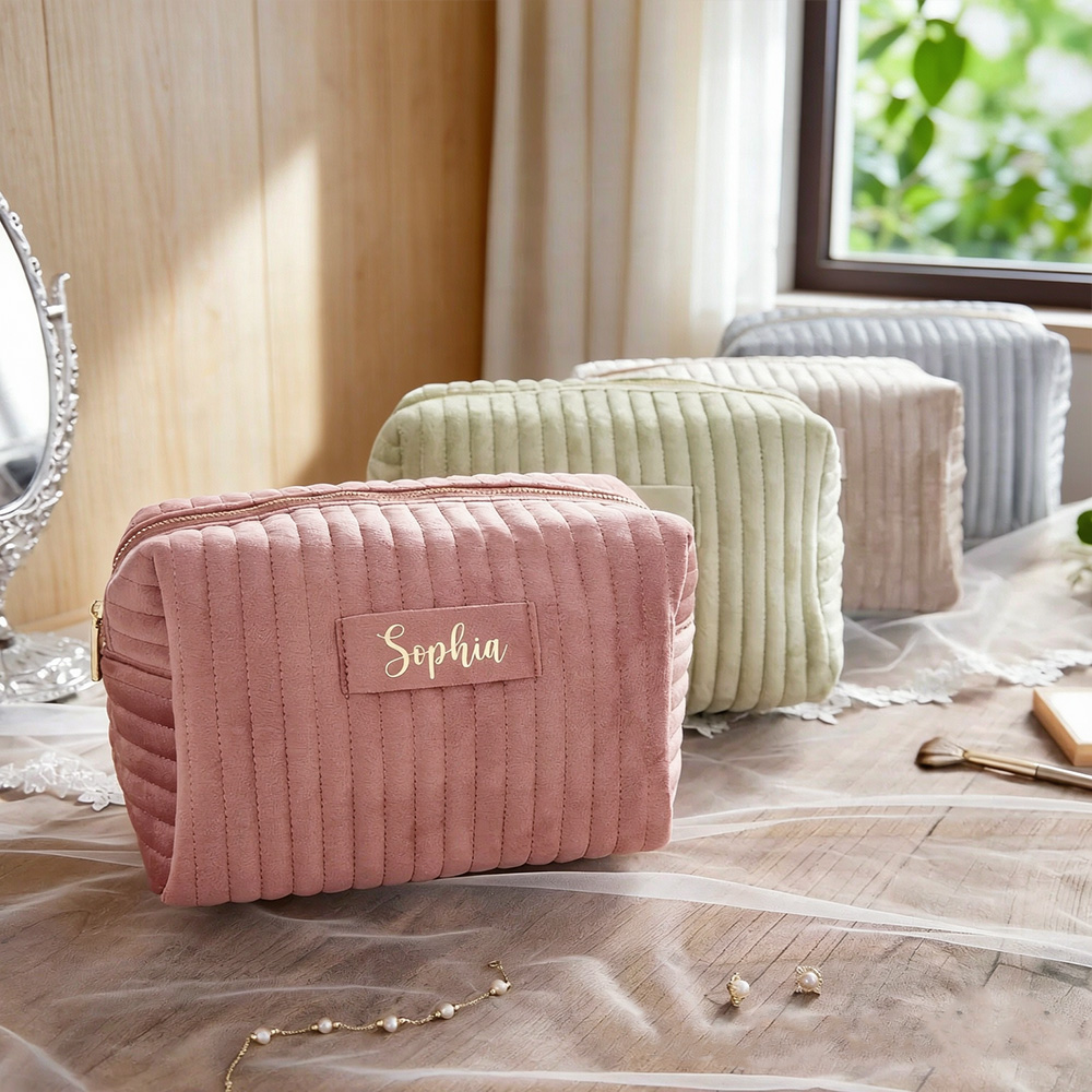 Personalized Corduroy Makeup Bag with Name, Quilted Cosmetic Pouch, Travel Toiletry Bag, Bridesmaid Gift for Her