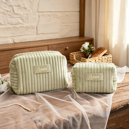 Personalized Corduroy Makeup Bag with Name, Quilted Cosmetic Pouch, Travel Toiletry Bag, Bridesmaid Gift for Her