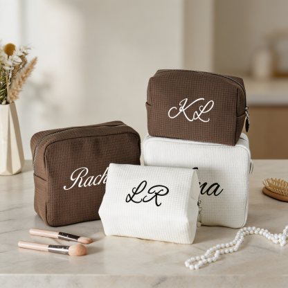 Personalized Waffle Cosmetic Bag, Custom Embroidered Makeup Bag, Monogram Toiletry Pouch, Bridesmaid Gift, Bridal Shower Gift, Gift for Her