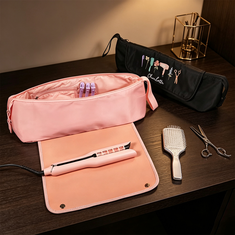 Personalized Hair Tools Travel Bag with Birth Flower, Custom Cosmetic Organizer for Hair Dryer, Curling Iron & Styling Accessories