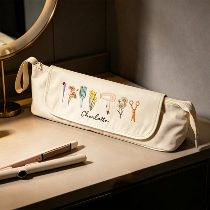 Personalized Hair Tools Travel Bag with Birth Flower, Custom Cosmetic Organizer for Hair Dryer, Curling Iron & Styling Accessories