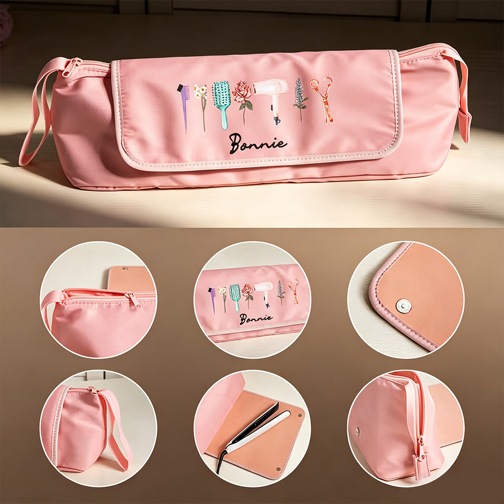 Personalized Hair Tools Travel Bag with Birth Flower, Custom Cosmetic Organizer for Hair Dryer, Curling Iron & Styling Accessories