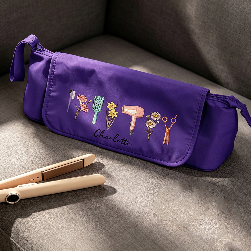 Personalized Hair Tools Travel Bag with Birth Flower, Custom Cosmetic Organizer for Hair Dryer, Curling Iron & Styling Accessories