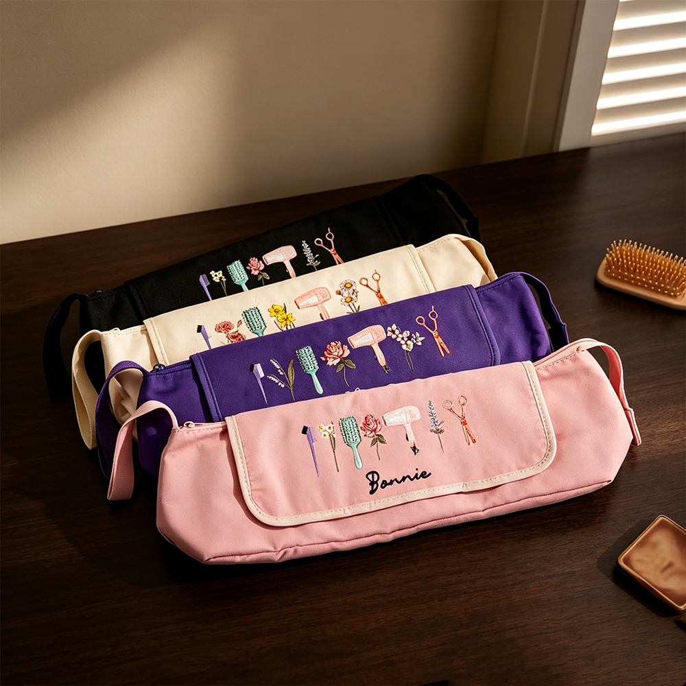 Personalized Hair Tools Travel Bag with Birth Flower, Custom Cosmetic Organizer for Hair Dryer, Curling Iron & Styling Accessories