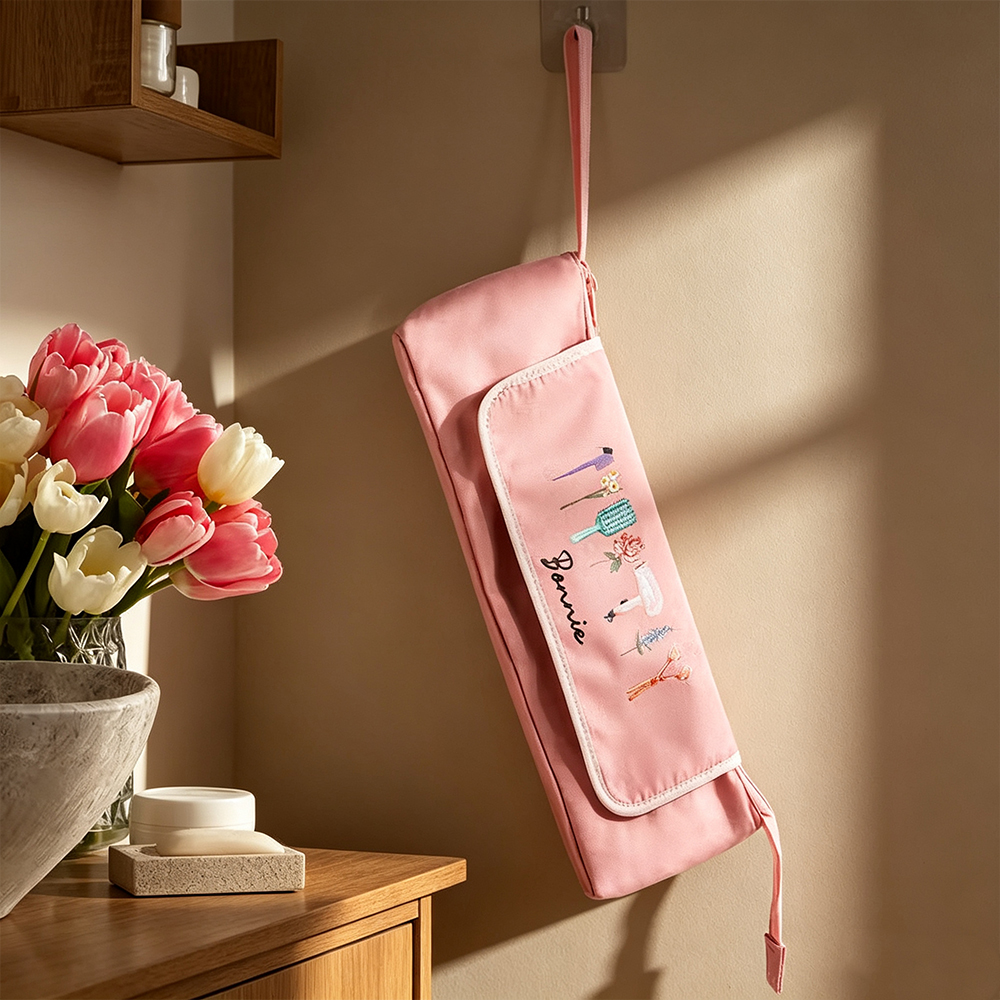 Personalized Hair Tools Travel Bag with Birth Flower, Custom Cosmetic Organizer for Hair Dryer, Curling Iron & Styling Accessories