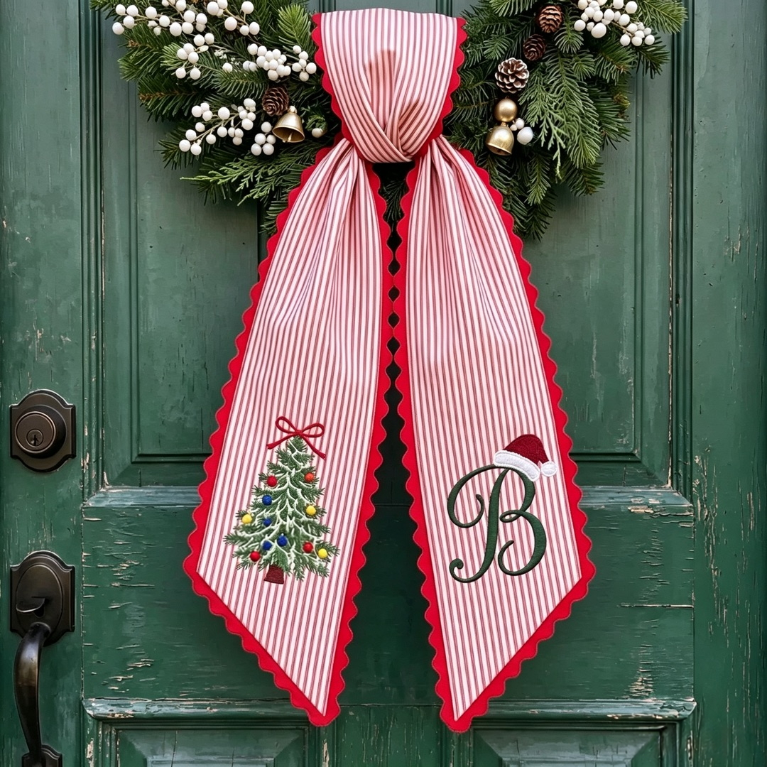 Personalized Christmas Wreath Sash, Embroidered Christmas Tree & Santa Hat, Striped Front Door Wreath Decor with Ric Rac Trim
