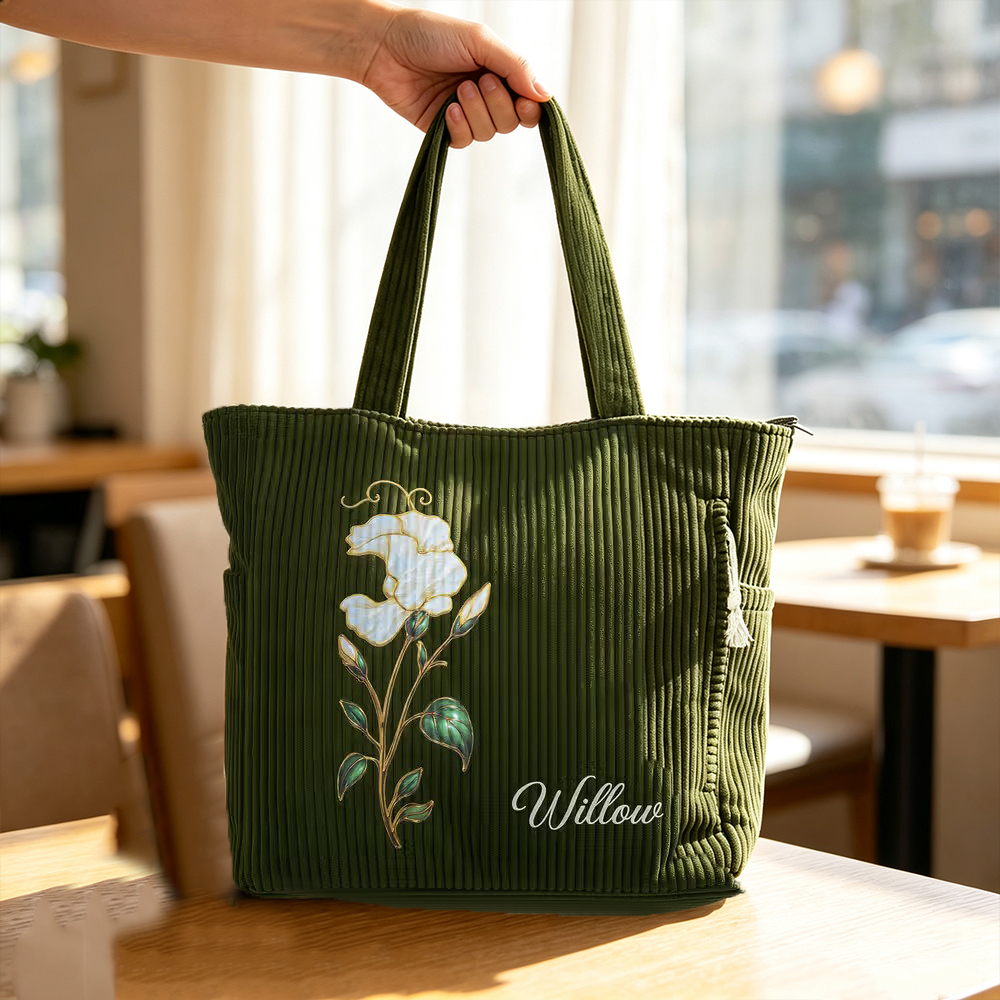 Personalized Birth Flower Corduroy Tote Bag with Name, Large Capacity Floral Shoulder Bag, Birthday Gift for Women