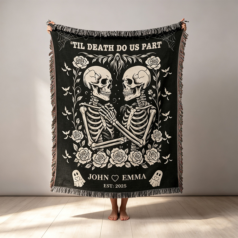Personalized Skeleton Couple Blanket, Gothic Till Death Do Us Part Throw Blanket, Custom Wedding Anniversary Gift, Halloween Couple Gift