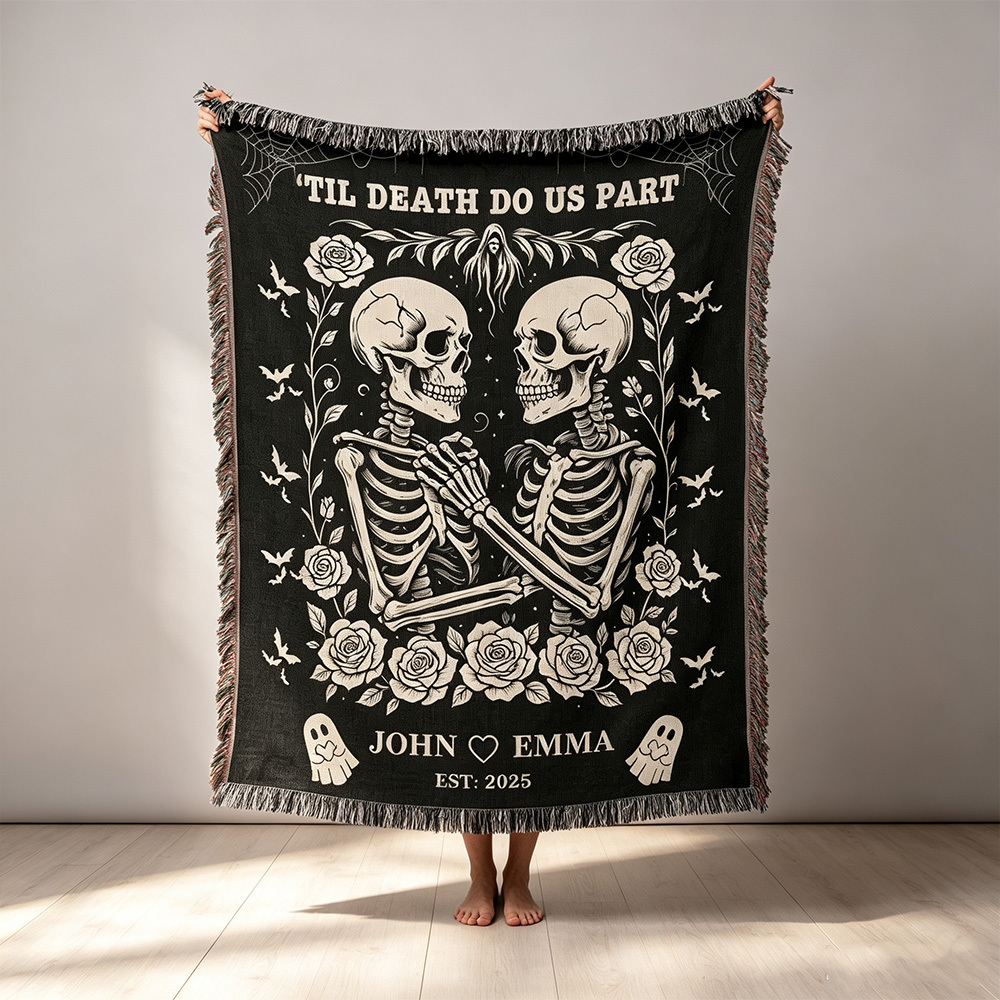 Personalized Skeleton Couple Blanket, Gothic Till Death Do Us Part Throw Blanket, Custom Wedding Anniversary Gift, Halloween Couple Gift