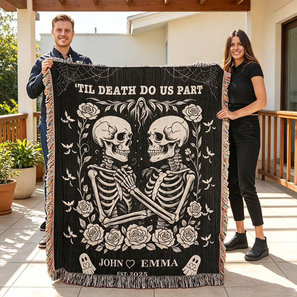 Personalized Skeleton Couple Blanket, Gothic Till Death Do Us Part Throw Blanket, Custom Wedding Anniversary Gift, Halloween Couple Gift