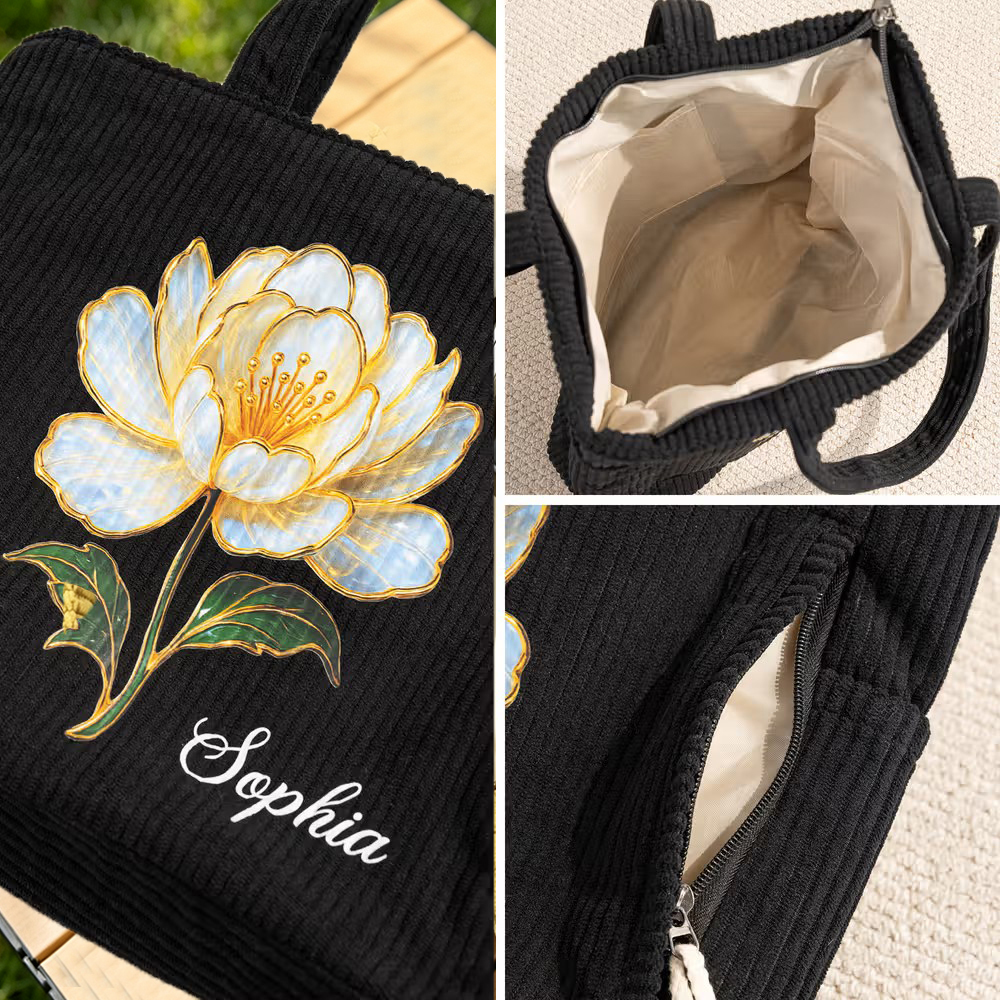 Personalized Birth Flower Corduroy Tote Bag with Name, Large Capacity Floral Shoulder Bag, Birthday Gift for Women