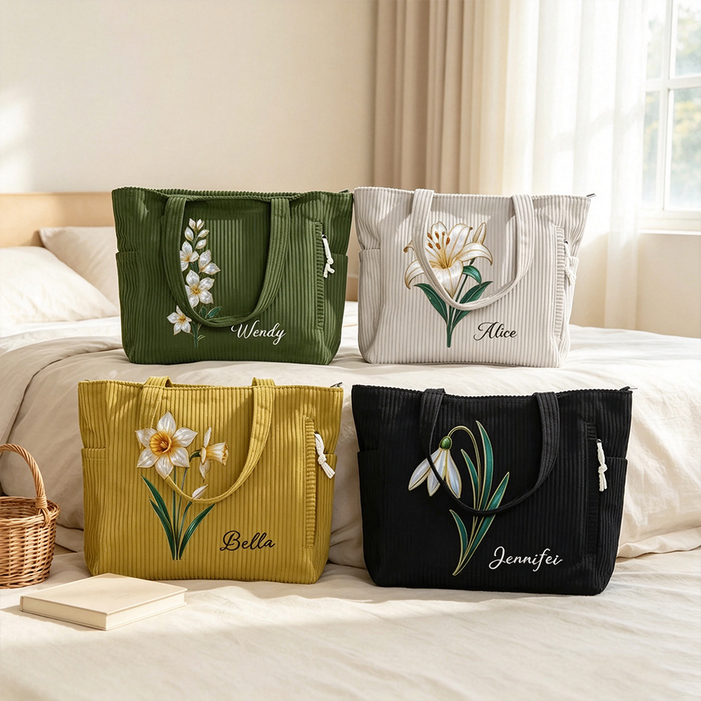 Personalized Birth Flower Corduroy Tote Bag with Name, Large Capacity Floral Shoulder Bag, Birthday Gift for Women