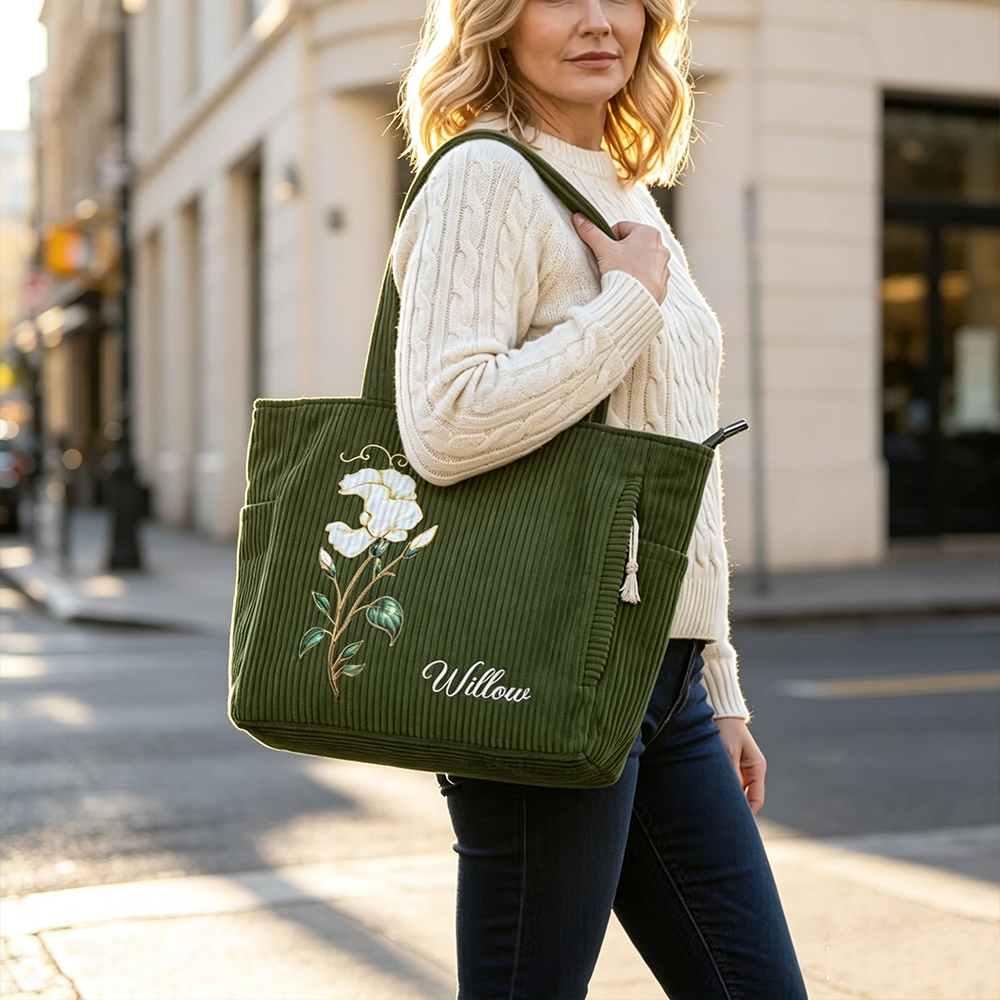 Personalized Birth Flower Corduroy Tote Bag with Name, Large Capacity Floral Shoulder Bag, Birthday Gift for Women