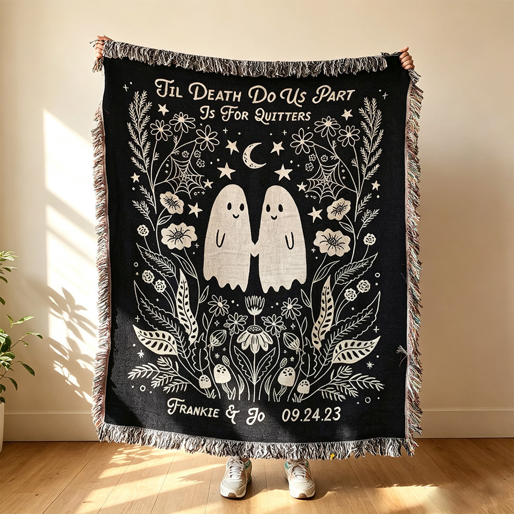 Personalized Skeleton Couple Blanket, Gothic Till Death Do Us Part Throw Blanket, Custom Wedding Anniversary Gift, Halloween Couple Gift