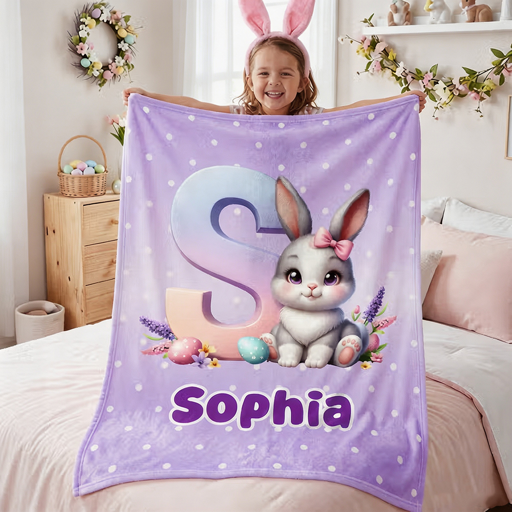 Personalized Easter Bunny Throw Blanket with Name, Cute Egg & Polka Dot Soft Blanket, Easter Gift for Kids & Family