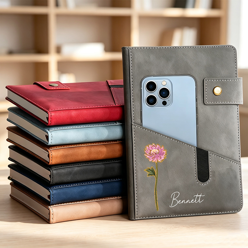 Personalized Birth Flower A5 Notebook with Custom Name, PU Leather Journal with Storage Pocket and Lined Pages, Birthday Gift for Friends and Family