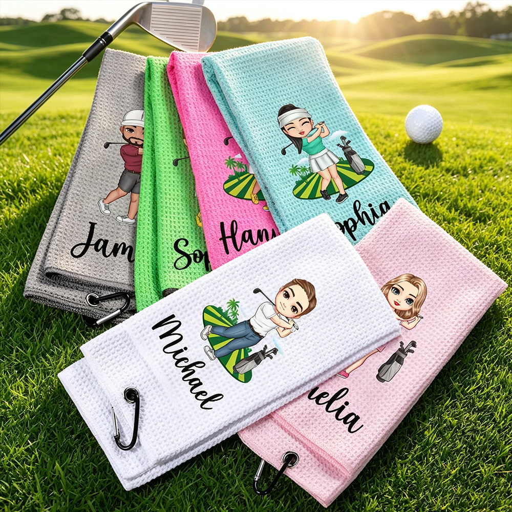 Personalized Cartoon Golfer Waffle Towel with Name, Custom Quick Dry Golf Towel with Clip, Cute Golf Accessories Gift for Men Women Golf Lovers