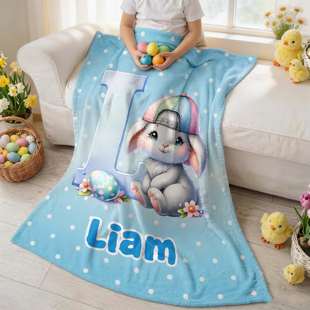 Personalized Easter Bunny Throw Blanket with Name, Cute Egg & Polka Dot Soft Blanket, Easter Gift for Kids & Family