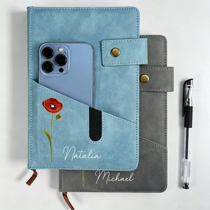 Personalized Birth Flower A5 Notebook with Custom Name, PU Leather Journal with Storage Pocket and Lined Pages, Birthday Gift for Friends and Family