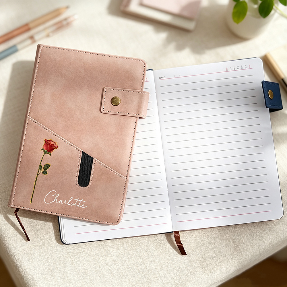Personalized Birth Flower A5 Notebook with Custom Name, PU Leather Journal with Storage Pocket and Lined Pages, Birthday Gift for Friends and Family