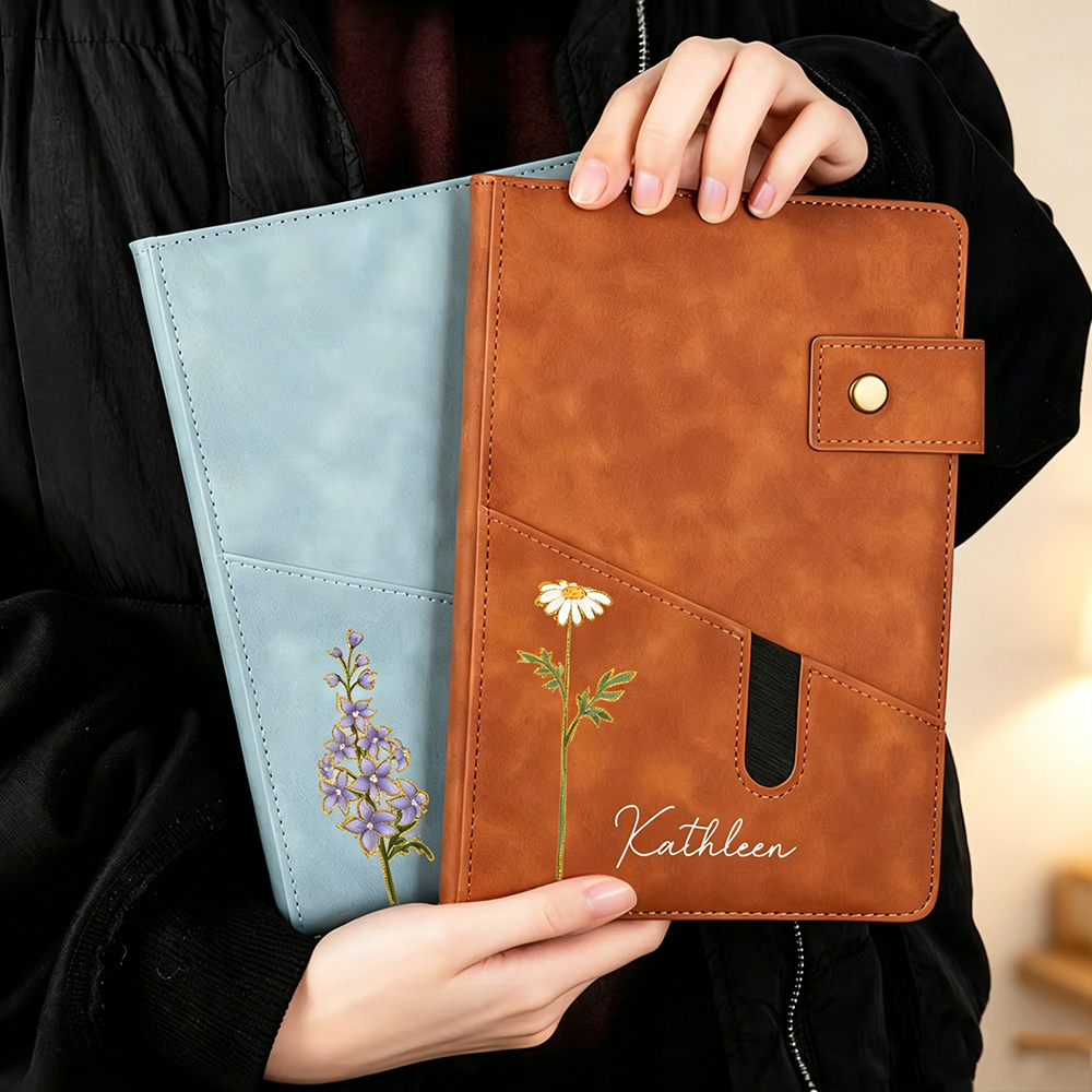 Personalized Birth Flower A5 Notebook with Custom Name, PU Leather Journal with Storage Pocket and Lined Pages, Birthday Gift for Friends and Family
