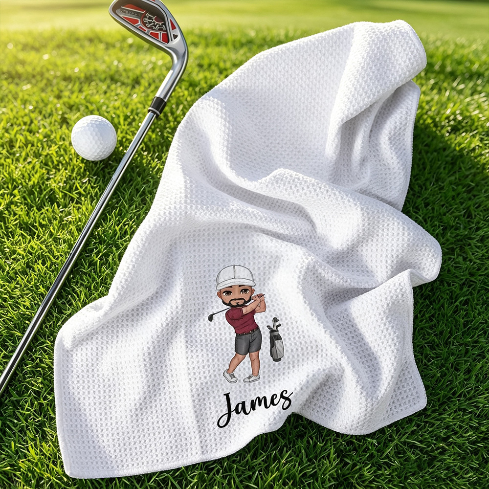 Personalized Cartoon Golfer Waffle Towel with Name, Custom Quick Dry Golf Towel with Clip, Cute Golf Accessories Gift for Men Women Golf Lovers