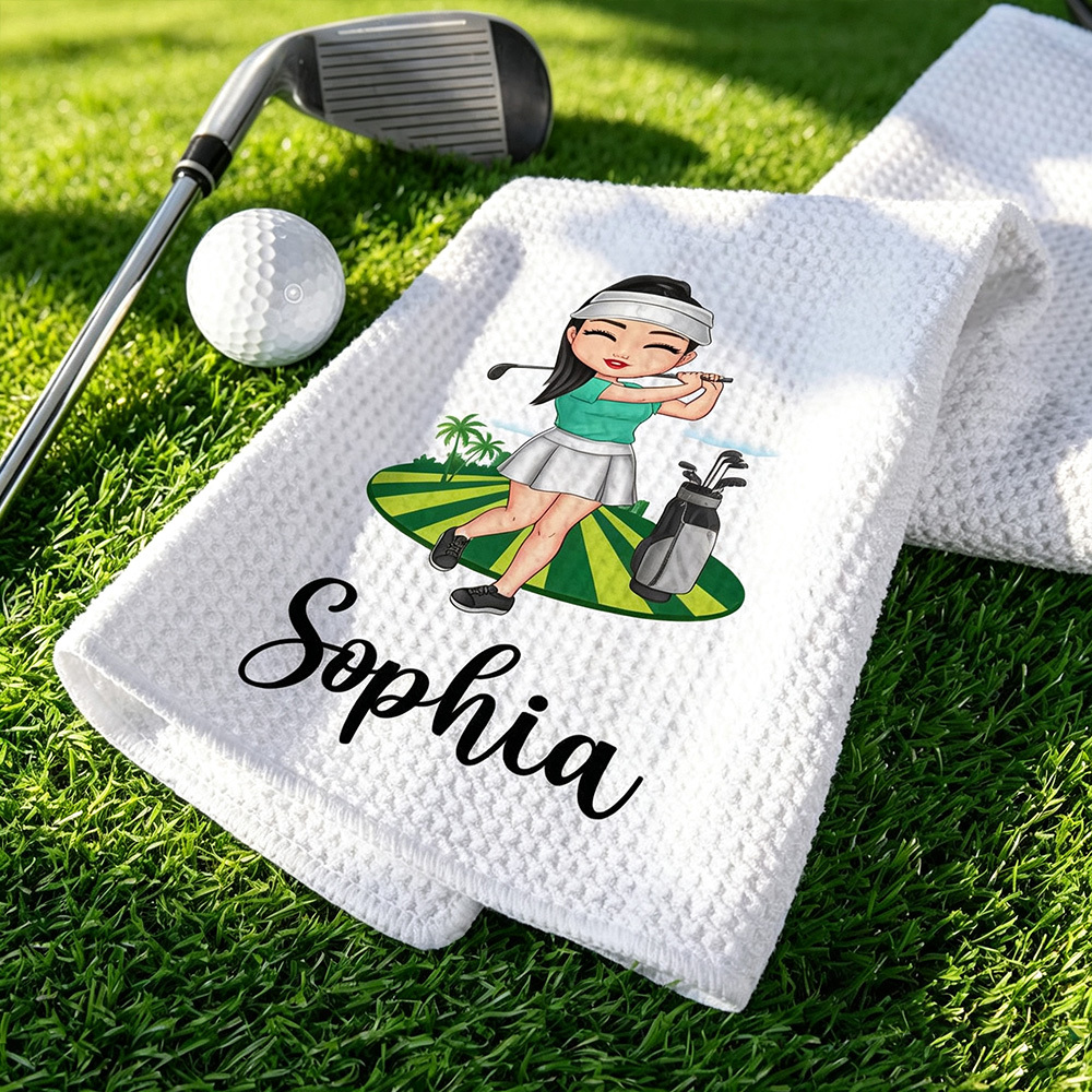 Personalized Cartoon Golfer Waffle Towel with Name, Custom Quick Dry Golf Towel with Clip, Cute Golf Accessories Gift for Men Women Golf Lovers
