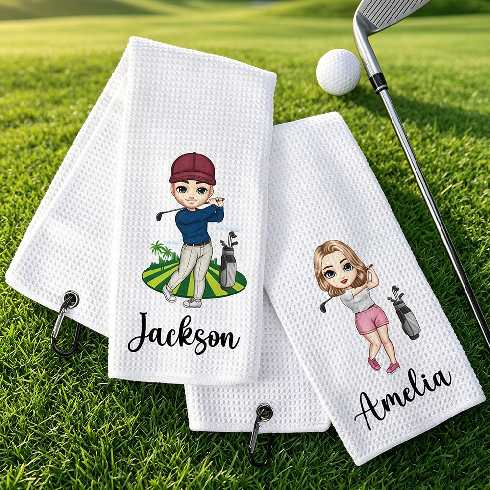 Personalized Cartoon Golfer Waffle Towel with Name, Custom Quick Dry Golf Towel with Clip, Cute Golf Accessories Gift for Men Women Golf Lovers