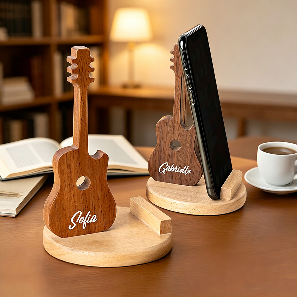 Personalised Guitar-Shaped Wooden Phone Stand with Engraved Name, Desktop Mobile Holder and Music Lover Gift