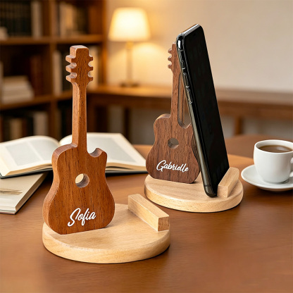 Personalised Guitar-Shaped Wooden Phone Stand with Engraved Name, Desktop Mobile Holder and Music Lover Gift