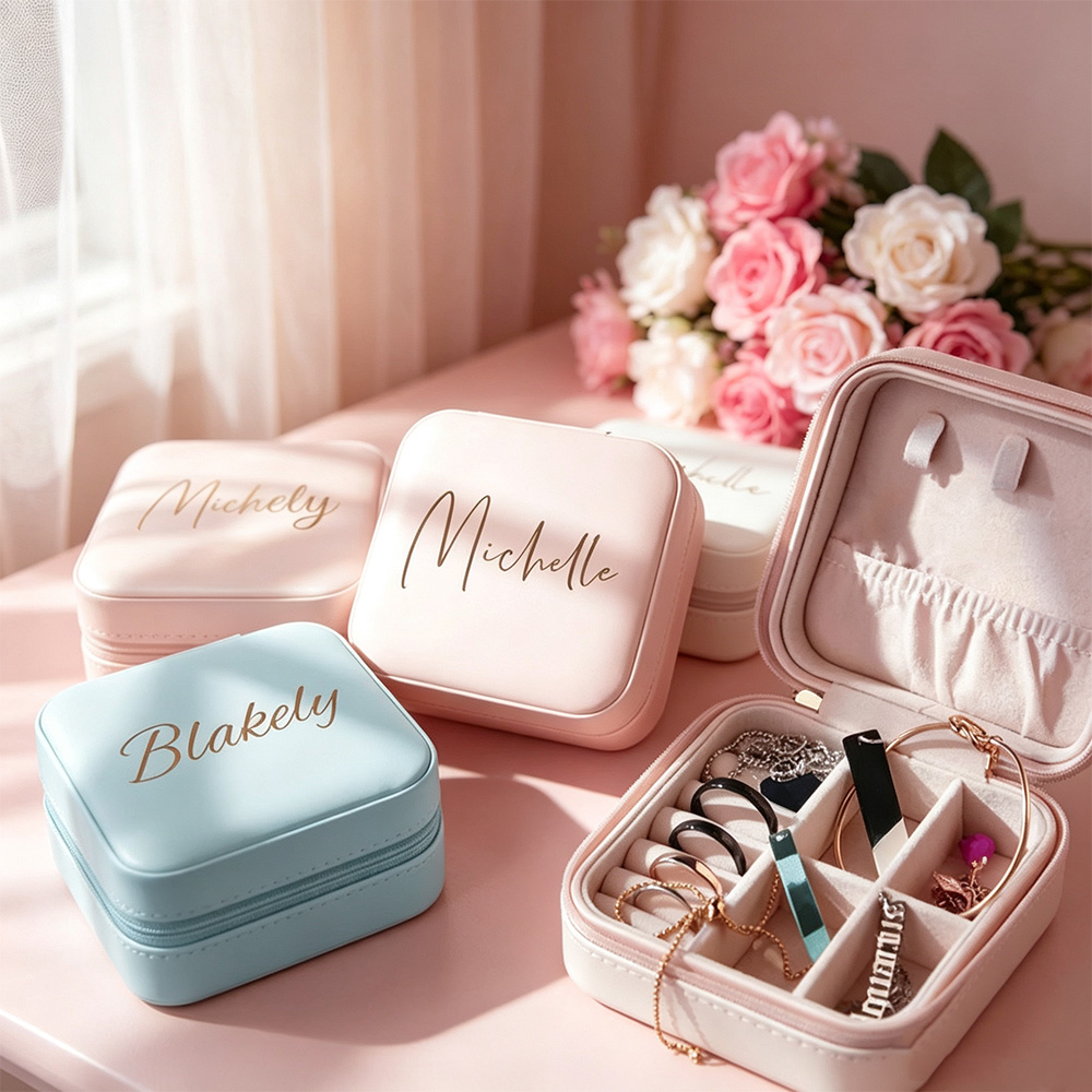 Personalised PU Leather Travel Jewellery Box with Name, Portable Jewellery Organiser for Rings, Earrings and Necklaces, Birthday or Wedding Gift for Women