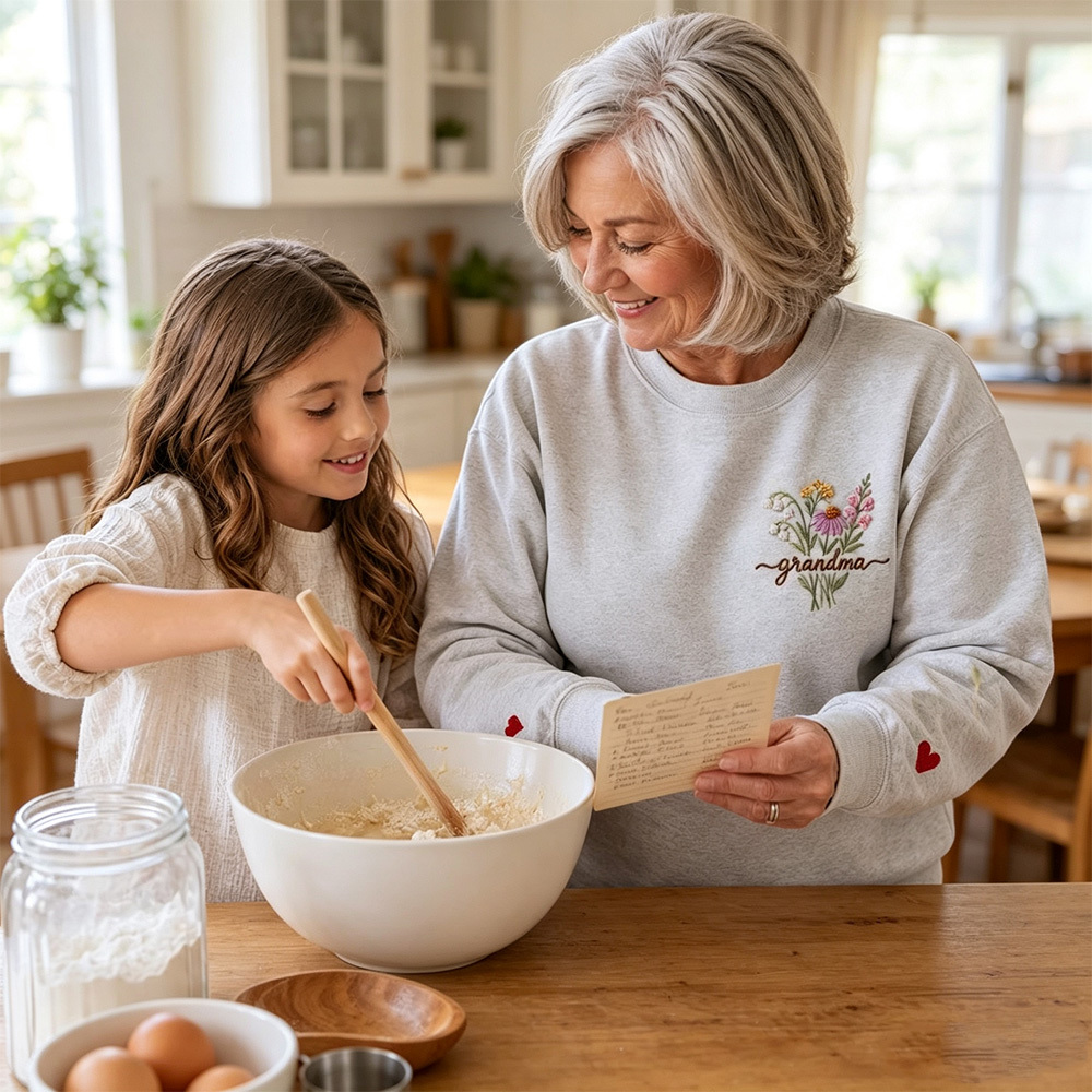 Personalized granny sweatshirt with floral embroidery - a soft pullover, a perfect gift for Mother's Day, birthdays, and Christmas for grandma, maternal grandma, and great-grandmother.