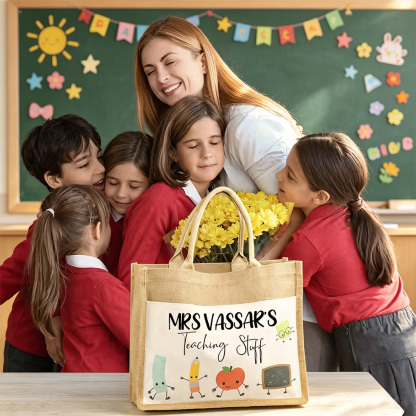 Personalized Jute Tote Bag with Teacher Name Custom Design Thank You Gift for Teachers Classroom Essentials Bag