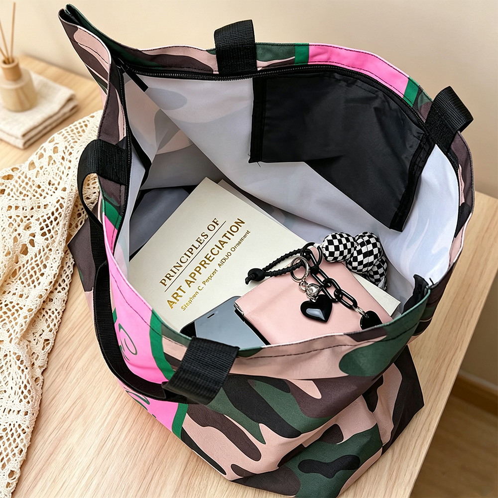 Personalized Camouflage Tote Bag (with Pink & Green Stripes) — A Custom Name Travel Bag for Sorority Sisters and Friends