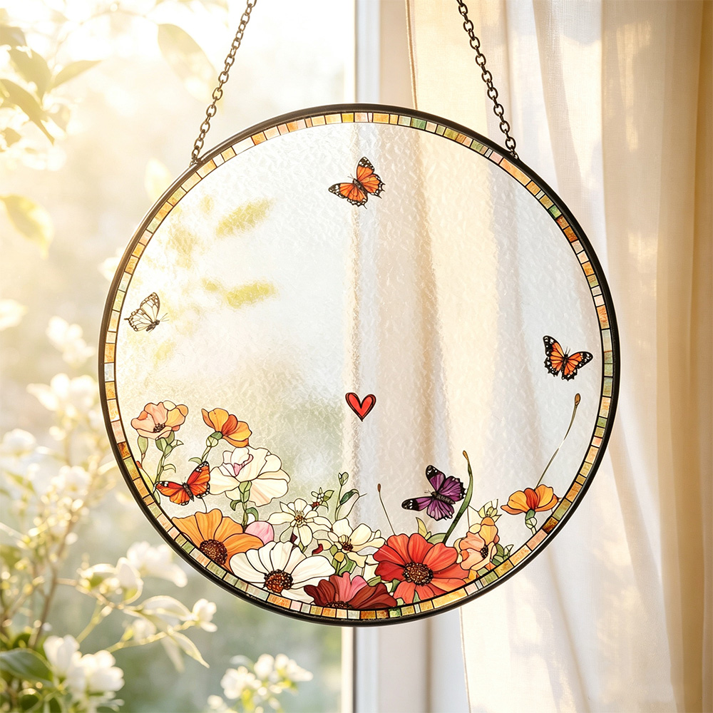 Memorial stained glass sun catcher, wildflower gift, window decoration in deep remembrance, keepsake for deceased relatives.