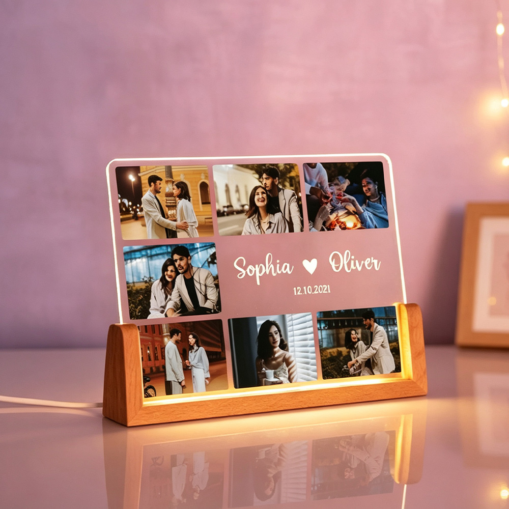 Personalized Couple Photo Night Light, Custom Acrylic LED Lamp with Photos & Names, Romantic Anniversary Gift for Couples, Wedding Keepsake