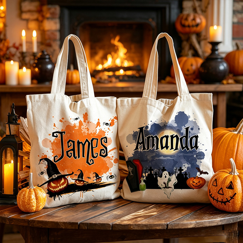 Personalized Halloween Tote Bag, Custom Name Trick or Treat Bag, Spooky Pumpkin Canvas Bag, Halloween Gift