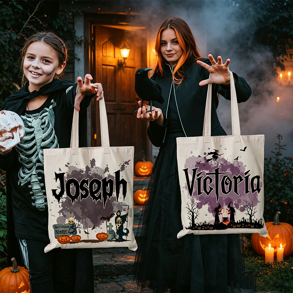 Personalized Halloween Tote Bag, Custom Name Trick or Treat Bag, Spooky Pumpkin Canvas Bag, Halloween Gift