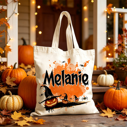 Personalized Halloween Tote Bag, Custom Name Trick or Treat Bag, Spooky Pumpkin Canvas Bag, Halloween Gift