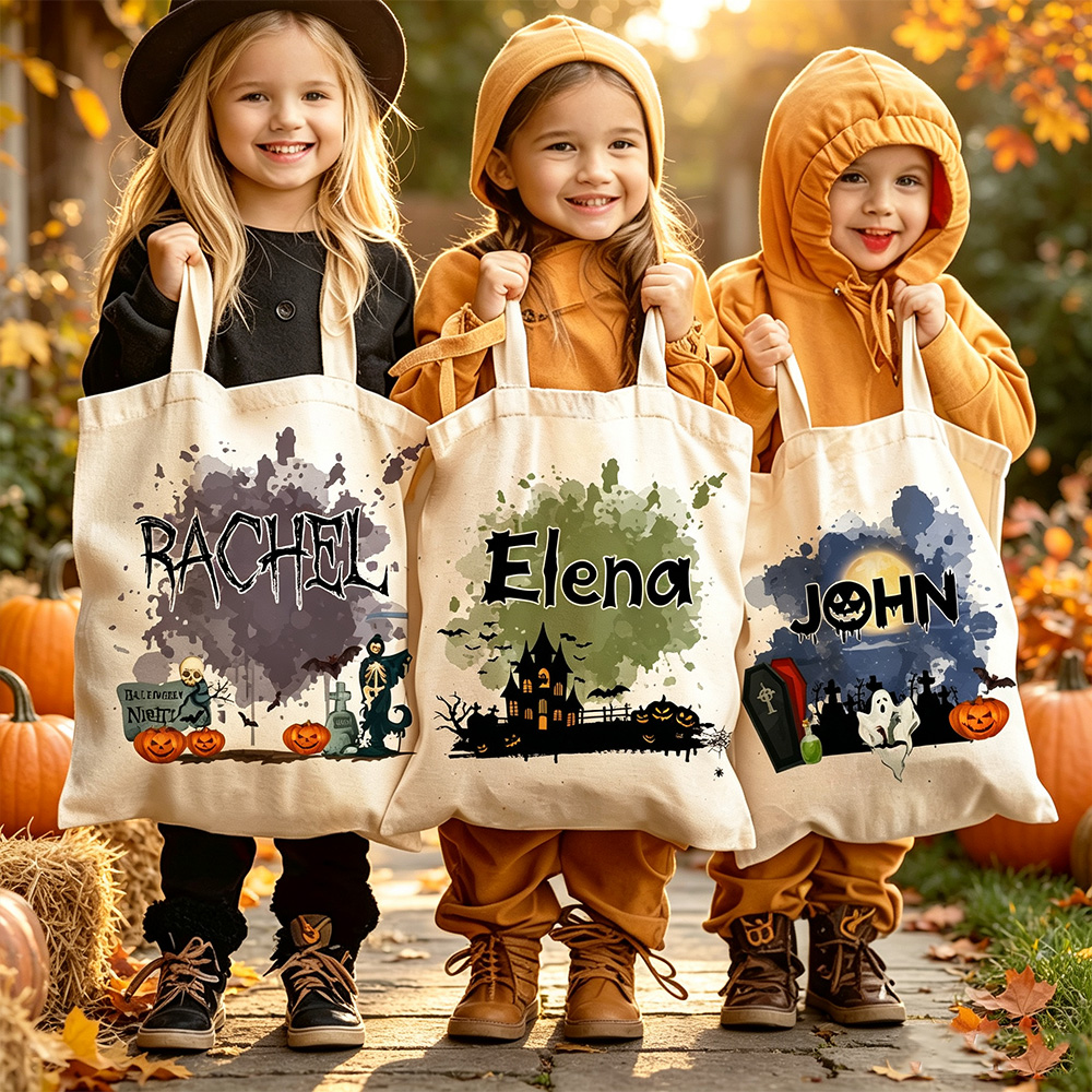 Personalized Halloween Tote Bag, Custom Name Trick or Treat Bag, Spooky Pumpkin Canvas Bag, Halloween Gift
