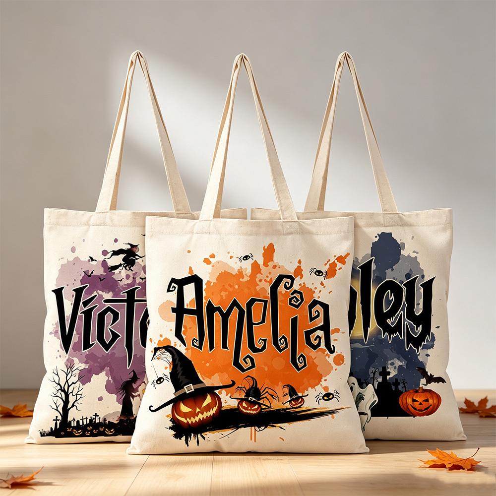 Personalized Halloween Tote Bag, Custom Name Trick or Treat Bag, Spooky Pumpkin Canvas Bag, Halloween Gift
