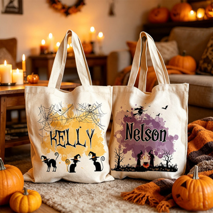Personalized Halloween Tote Bag, Custom Name Trick or Treat Bag, Spooky Pumpkin Canvas Bag, Halloween Gift