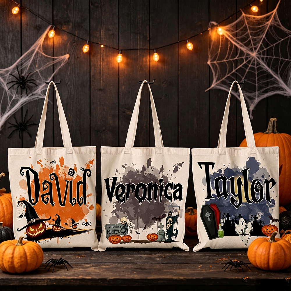 Personalized Halloween Tote Bag, Custom Name Trick or Treat Bag, Spooky Pumpkin Canvas Bag, Halloween Gift