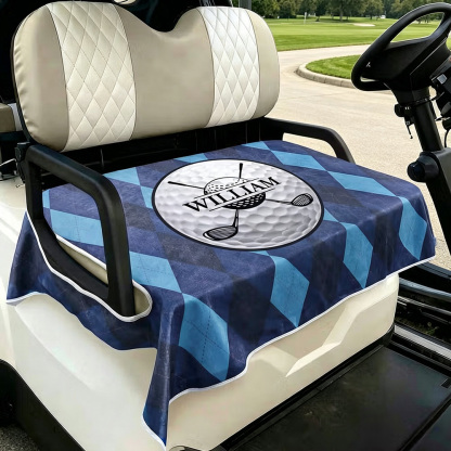 Personalised Argyle Golf Cart Seat Cover with Monogram and Name, Colourful Golf Ball Bench Protector, Birthday Gift for Golfers